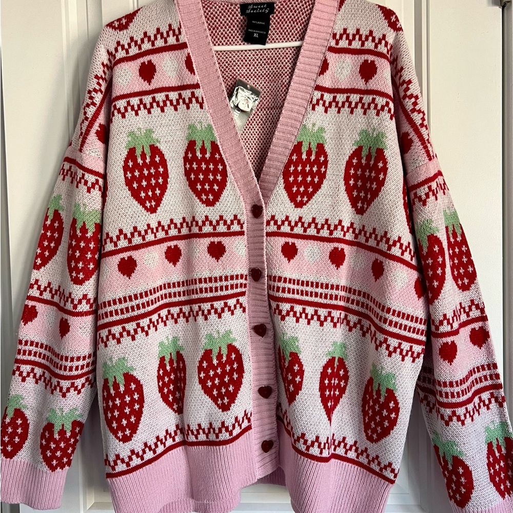 Pink Strawberry Patterned Women's Sweater